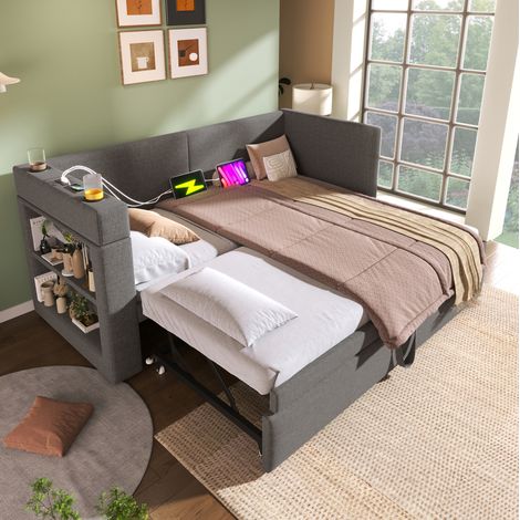 Divano letto estraibile 98x217x74 cm, con 3 USB, 1 Type-C, portabicchieri, cotone e lino, grigio (1/5)