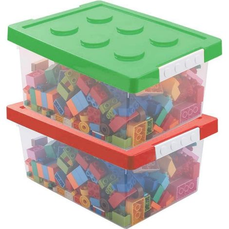 Aufbewahrungsbox Spielzeug mit Deckel, 2 Stück, stapelbar, Kunststoff, Rot & Grün (1/5)