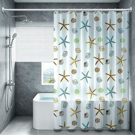 Rideau de douche extra long 200 x 240 cm - Rideau de salle de bain en PEVA résistant aux moisissures avec étoiles antibactériennes, bleu, crochets noirs inclus (1/5)