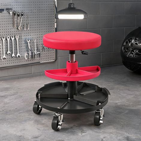 Tabouret d'atelier rouge en acier avec roulettes hauteur réglable (1/5)