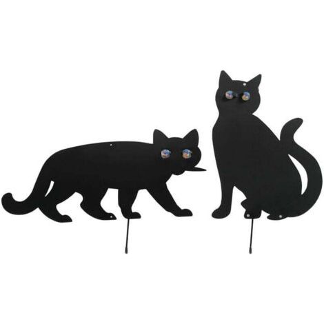 QORVA-Epouvantail oiseau en forme de Chat, Epouvantail de jardin, éloigne les oiseaux indésirables du jardin, Lot de 2, Yeux Verre - Fer, 37x24 cm, Yeux multicolore - Noir