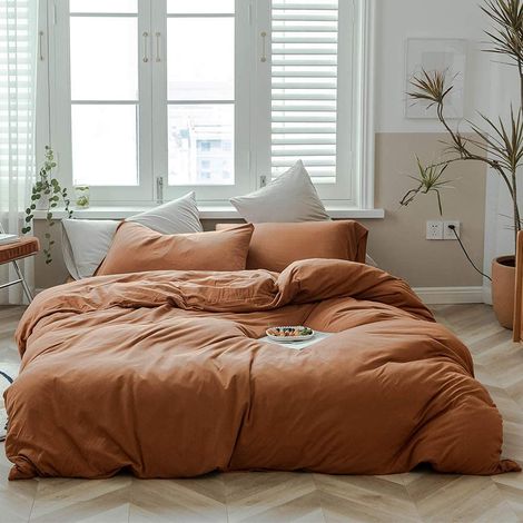 Parure de lit en jersey de coton tricoté, couleur rouille, style simple, 1 housse de couette avec 2 taies d’oreiller, lit double (203,2 x 228,6 cm), Citrouille caramel (1/5)