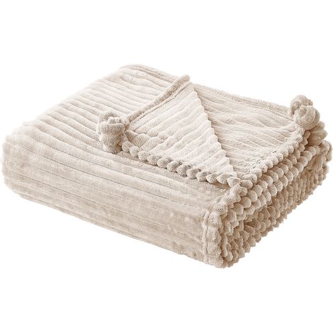 Manta beige poliéster 150 x 200 cm estructura acanalada pompones dormitorio Kaweri