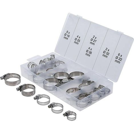 Assortiment de 26 Colliers de Serrage Inoxydables D.16-38 mm - Résistants et Durables, Acier, 26 pcs - D-Work