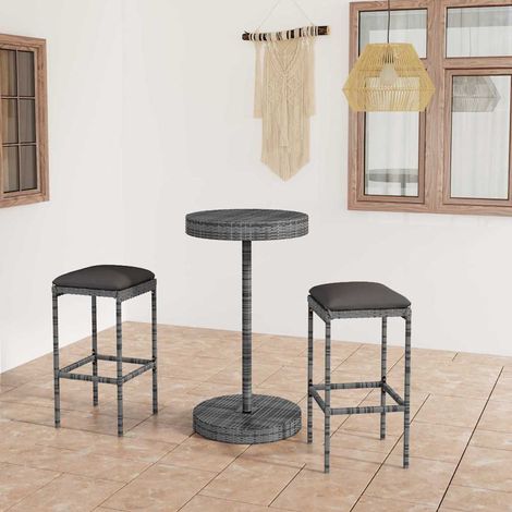 Ensemble Table de bar + 2 Chaises de bar de jardin - Table Haute avec 2 Tabourets et coussins Résine tressée Gris BV396477 - BonneVie (1/5)