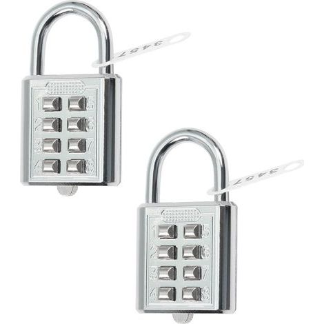 Set of 2 35 x 65 mm 8-digit combination padlocks for gyms, schools and personal use. Outdoor lockers, fences and storage. Silver (1/4)