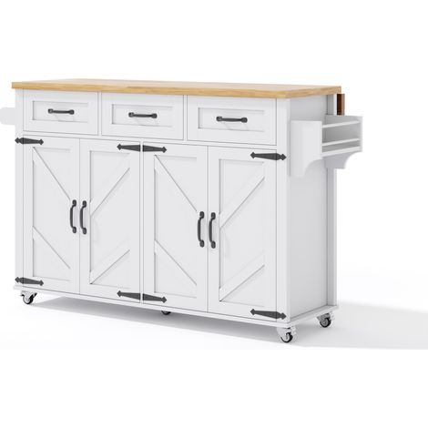 Isla de cocina con tablero abatible, MDF, 5 ruedas con freno, 4 puertas y 3 cajones (1/5)