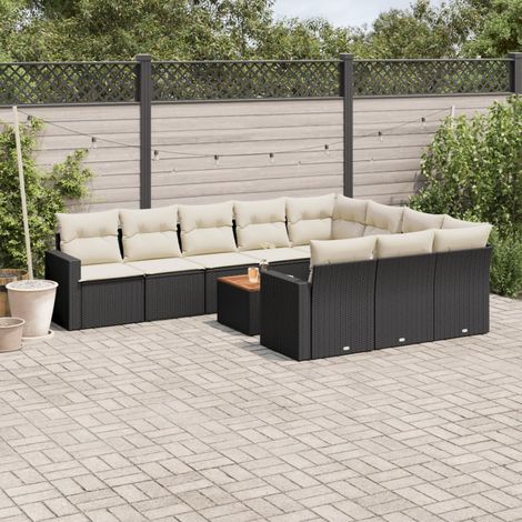 Salon de jardin 11 pièces noir résine tressée avec table acacia et coussins lavables - Ensemble modulaire extérieur confortable (1/3)
