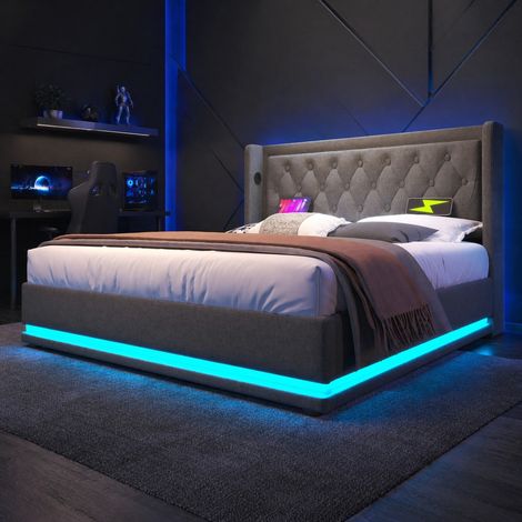 CHICFURN Letto 160x200 cotone grigio, contenitore idraulico, LED 3 lati, senza materasso (1/5)