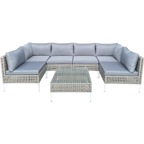 Salon de Jardin 7 Pièces, Canapé en Osier avec Coussins d'Assise et de Dossier, Table Basse en Verre Trempé pour Jardin, Piscine et Porche, Gris