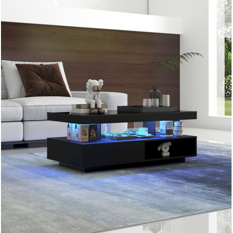 table basse 95x50x42,5 cm 2 tiroirs noir brillant OKMYHOME (1/5)