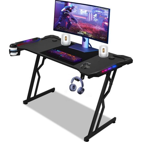 Wolketon Gaming-Schreibtisch 140 x 60 cm, Gamer-Schreibtisch mit Carbonfaser-Tischplatte, Ergonomischer Spieltisch, Schwarz