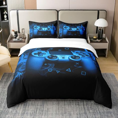 Bleu Gaming 100% Coton Housse de Couette 220x240cm Console de Jeu pour Les Garçons Adolescents Jeux vidéo Parure de lit 100% Coton Enfants Jeu Console Contrôleur Literie Soft Noir (1/5)