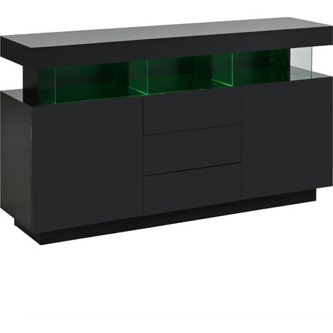 Credenza moderna nera 140 x 35 x 80 cm con LED, 3 cassetti e 2 ante, finitura lucida (1/5)