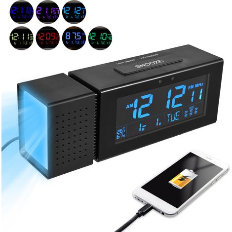 Réveil numérique multifonctionnel de bureau avec écran LCD rétroéclairé 7 couleurs,radio réveil, affichage de l'humidité et de la température, fonction snooze(noir) (1/5)