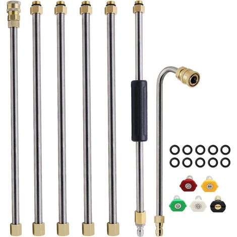Juego de 7 varillas de extensión para hidrolavadora, lanza para hidrolavadora, herramienta para limpieza de canalones, con 5 boquillas y 10 anillos antifugas (plateado). (1/5)