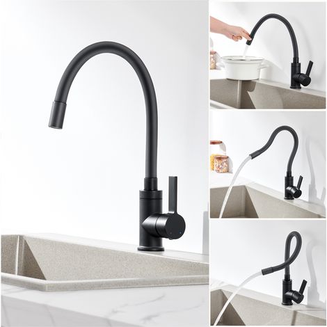Auralum Robinet de Cuisine Flexible Noir Rotatif 360° Mitigeur Évier Cuisine avec Tuyau en Silicone, Barboteur démontable