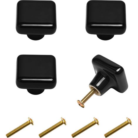 Lot de 4 boutons de porte carrés modernes en céramique noire - Avec vis - Pour salon, cuisine, chambre à coucher (1/5)