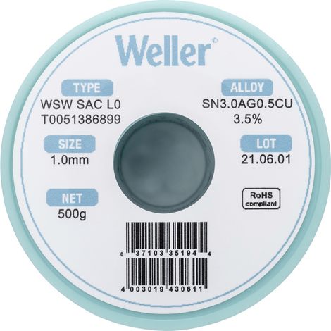 Weller WSW SAC L0 Lötzinn, bleifrei Spule Sn3,0Ag0,5Cu 500 g 1 mm (1/5)