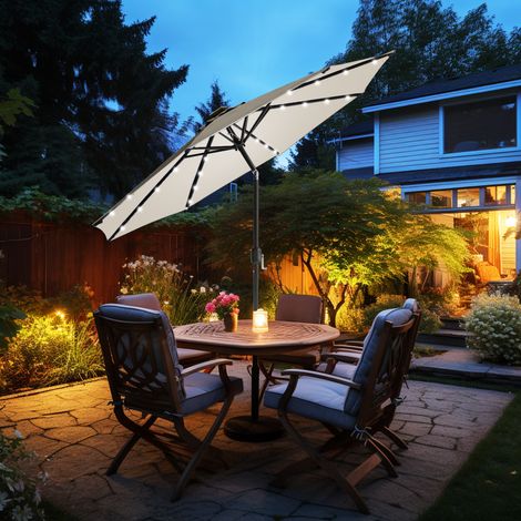 Patio Garden Parasol LED Lights Sun Shade Round Umbrella with Crank Tilt 2.7M Cream