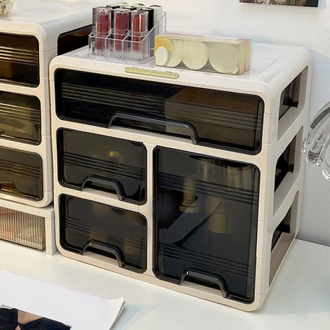Rangeur de bureau avec tiroir 3 étages - Boîte de rangement plastique créme pour organisation de bureau, maison et cosmétiques (1/5)