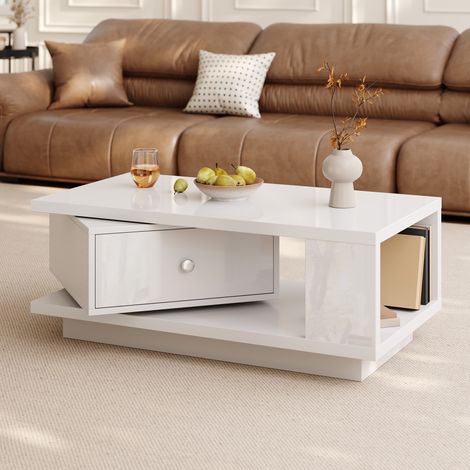 Couchtisch 90x48x35 cm für wohnzimmer mit drehbarer hochglanz schublade und offenem ablagefach aus mdf modern weiß (1/5)