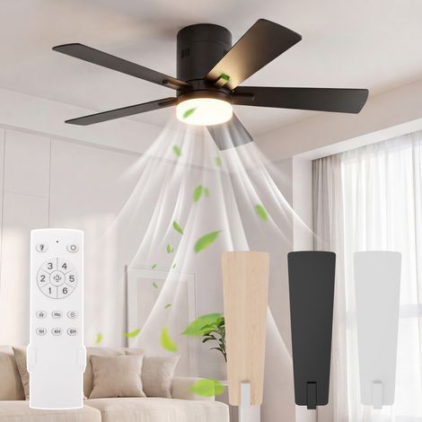 Ventilador de techo de 107 cm – Ventilador de techo de bajo consumo – 5 aspas de madera – Alimentación CC – 6 velocidades – Iluminación LED tricolor – Negro (1/5)