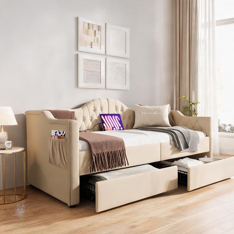 Cadre de lit beige en velours 215 x 99 x 86,5 cm (1/5)