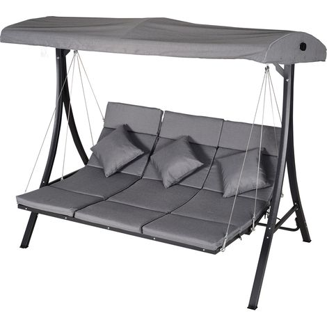 Dondolo da Giardino 3 Posti con Tettuccio Parasole Regolabile e 3 Cuscini, Dondolo da Esterno con Seduta Traspirante in Texteline e Metallo, Portata Fino a 270 kg, 198x118x168 cm, Grigio
