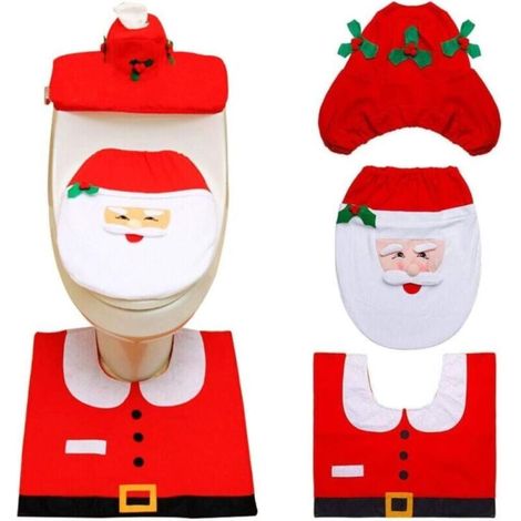 3 pièces Couverture de Siège de Toilette de Noël Décorations Noël Housse pour abattant de WC pour réservoir et Tapis de Salle de Bain Set de décoration,décoration de fête(Père Noël) (1/5)
