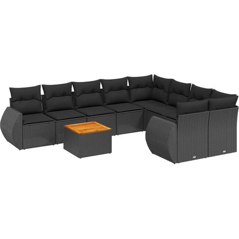 Salon de jardin 9 pcs avec coussins noir résine tressée (1/5)