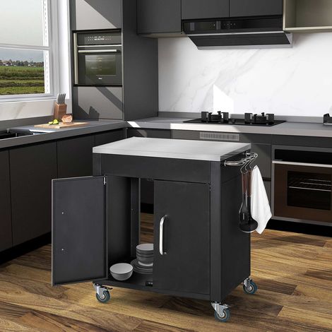 Chariot cuisine inox roulettes placard crochets table service barbecue extérieur 86x50x86,5cm, noir
