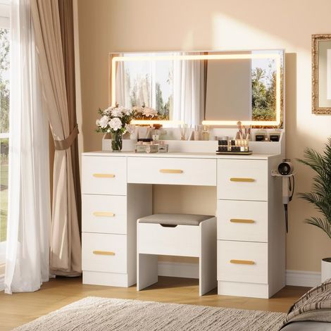 Coiffeuse avec Miroir LED et Tabouret, Luminosité Réglable, 3 Couleurs, Coiffeuse avec Prise Et Grand Miroir, 7 tiroirs et 4 plateaux de rangement, 38P X 116L X 138H cm, Blanc (1/5)