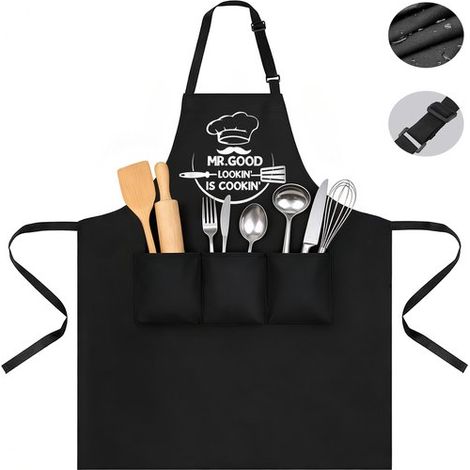 Grembiule da barbecue per uomo, grembiule da cucina per uomo, grembiule da cucina con 3 tasche, grembiule da cucina regolabile, copertura protettiva impermeabile, ottimo regalo per (1/5)