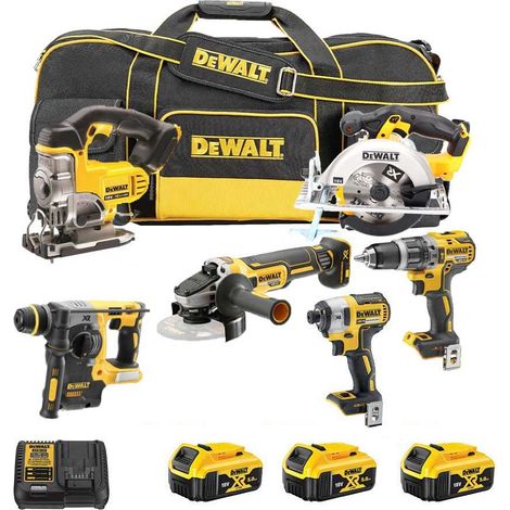 Dewalt – Pack de 6 outils électroportatifs 18V XR – 3 batteries 5.0Ah – Chargeur et sac de transport inclus – Scie circulaire, scie sauteuse, meuleuse, perceuse, clé à chocs, perceuse à percussion (1/5)