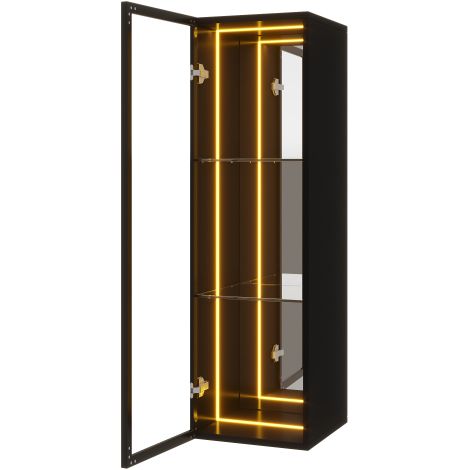 Vitrine d'exposition noire cadre aluminium, porte verre sécurisé, bandeau LED tricolore, 3 étagères en verre, charnières soft-close, dimensions 30×30×90cm, meuble de rangement pour figurines et décora (1/5)
