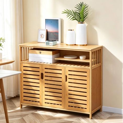 Credenza 100x35x82 cm, con ante magnetiche e ripiano aperto, bambù naturale, color naturale (1/5)