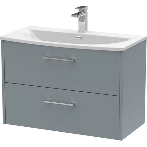 Winshill Contemporary 2 Drawer Wall Hung Vanity Unit with Curved Basin, Grey, 800mm