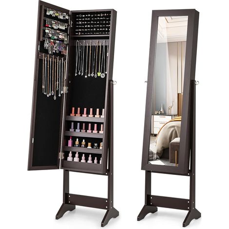 COSTWAY Specchio Portagioie da Terra, Armadietto Portagioie con Specchio a 3 Angoli, Organizer per Gioie Camera da Letto, 35 x 30 x 144 cm (Marrone) (1/5)