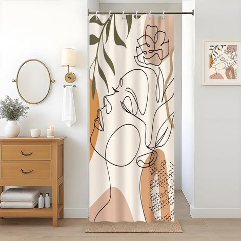 Rideau Douche Anti Moisissure, Rideau de Douche 90x180cm Orange Boheme Feuilles Vert Visage Abstrait Rideaux de Baignoire Imperméable Tissu Lavable Rideaux Salle de Bain avec 6 Crochets (1/5)
