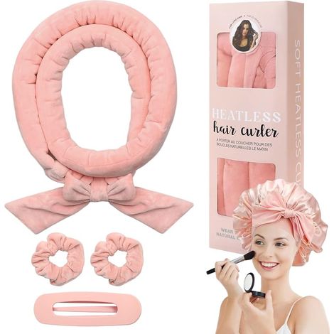 Set mit hitzefreiem Lockenstab, Samt-Stirnband und Schlafhaube für sanfte DIY-Wellen bei mittellangem bis langem Haar (Pink) (1/5)