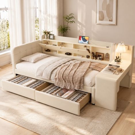 Cama nido 90x200 cm de lino beige con 2 cajones, escritorio, USB y Tipo C, sin colchón - CHICFURN (1/5)