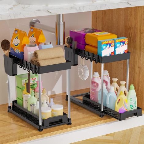 Lot de 2 Rangement sous Évier, Organisateur sous Evier Cuisine avec 8 Crochet et 2 gobelet Suspendu, Etagere sous Evier pour Buanderie, Meuble, Salle de Bain (Noir)