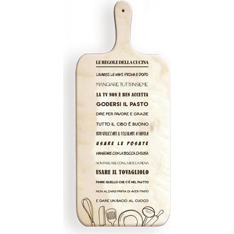 TAGLIERE DA CUCINA BIANCO IN MISURA 15X37 CM CON TEMA E SCRITTA LE REGOLE DELLA CUCINA COLOR LEGNO
