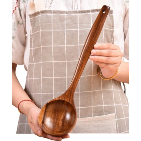 Louche à long manche - Bois de teck - Cuillère de cuisine - 35 x 9,5 cm - Marron - 1 pièce (1/5)