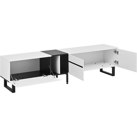 Meuble TV bas moderne 180 cm blanc avec abattant, niches ouvertes et doubles portes – meuble TV minimaliste, enfilade et meuble de salon avec grand espace de rangement (1/5)
