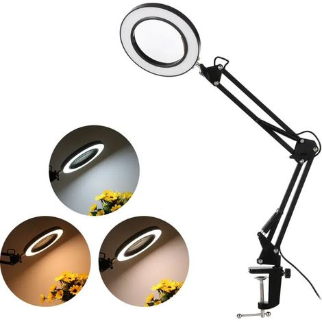 Lupa de mesa LED 8x con brazo giratorio, tres colores, diez niveles de brillo, lámpara acoplable para trabajos de precisión - Crezuo