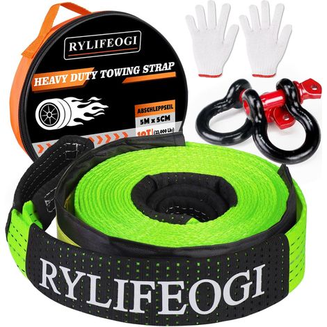 Cordes de Remorquage 10 Ton (22,000Lbs), 5mx5cm Sangle Remorquage avec 2 Crochets 2 Gants pour Hors Route Véhicules (Vert) (1/5)