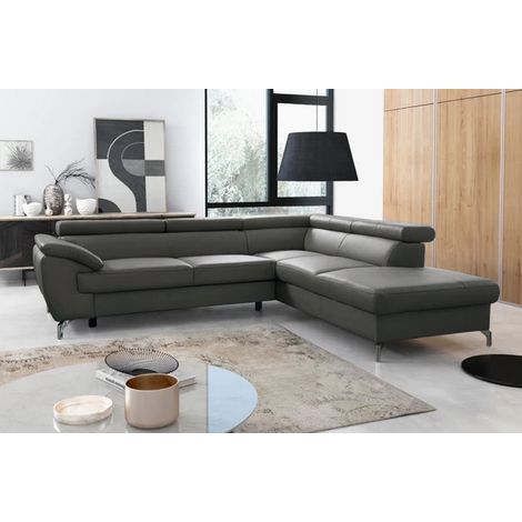 Canapé d'angle convertible en cuir italien de luxe 5/6 places FINLANDE avec coffre, gris foncé, angle droit