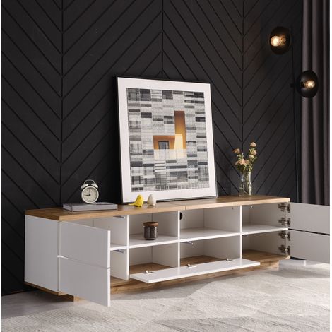 TV-Schrank 180x46x38 cm Weiß/Holzfarben MDF mit Gitterfronten und offenen Fächern (1/5)